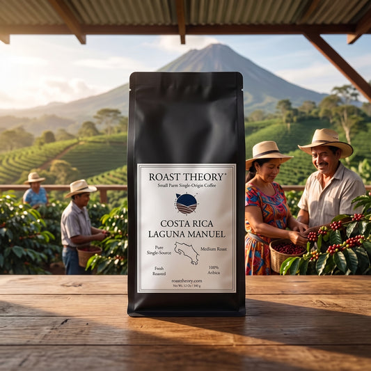 Costa Rica Laguna Manuel 100% Single-Origin Coffee by Roast Theory. A black bag of Roast Theory Costa Rica Laguna Manuel coffee stands on a wooden table in front of a mountain and coffee plantation scene, with workers harvesting coffee cherries in the background.