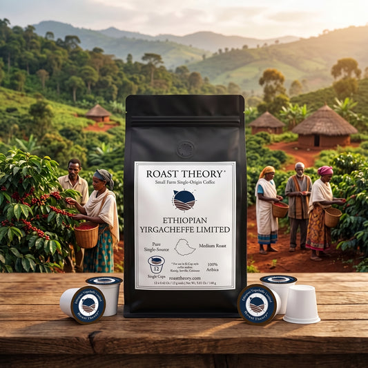 Ethiopian Yirgacheffe Limited Coffee Pods 100% Pure Single-serve by Roast TheoryA black coffee bag labeled ROAS. T THEORY ETHIOPIAN YIRGACHEFFE LIMITED stands on a wooden table, with several coffee pods and small white cups in front. Behind it is a scenic coffee farm with people harvesting coffee cherries in a lush green landscape.