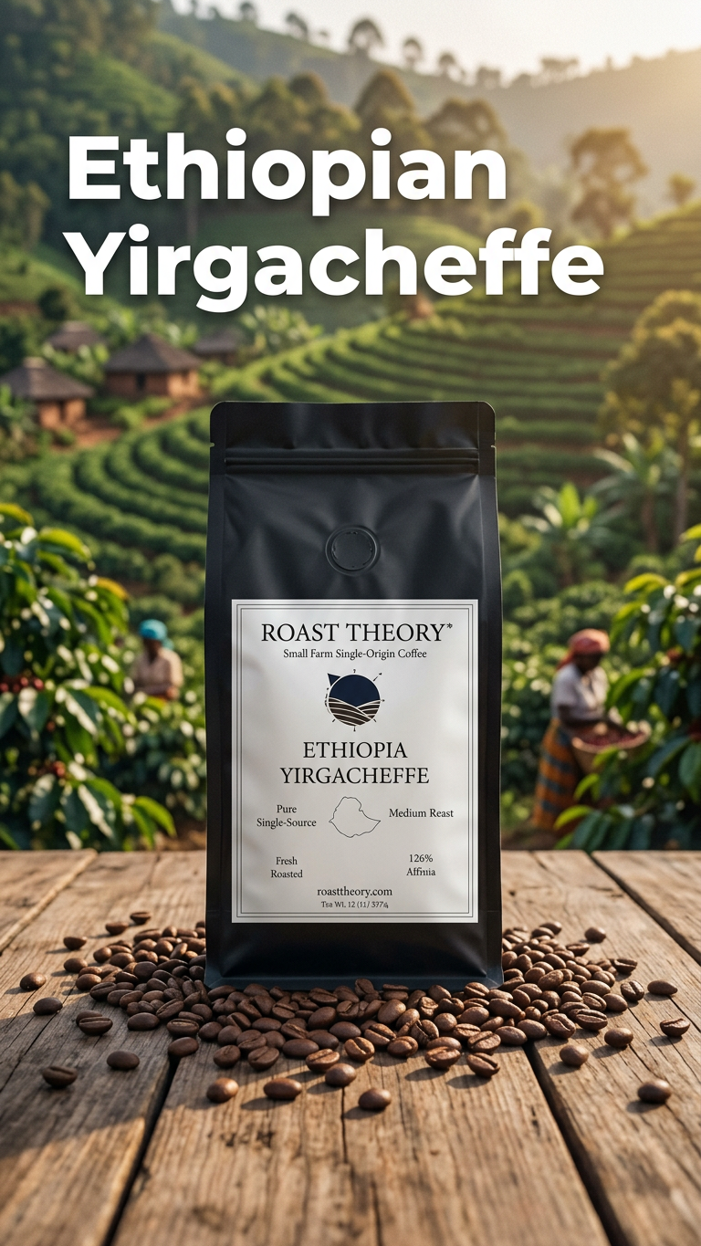 A black coffee bag labeled 'ETHIOPIA YIRGACHEFFE' by Roast Theory stands on a wooden surface with scattered coffee beans, with a coffee farm landscape in the background and large text reading 'Ethiopian Yirgacheffe' at the top.