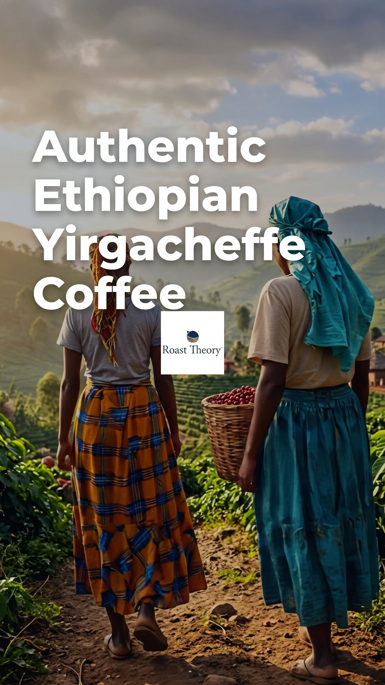 Promotional graphic for 'Authentic Ethiopian Yirgacheffe Coffee' by Roast Theory, featuring a scenic background of two Ethiopian women in a coffee plantation carrying a basket of ripe coffee cherries, viewed from behind.