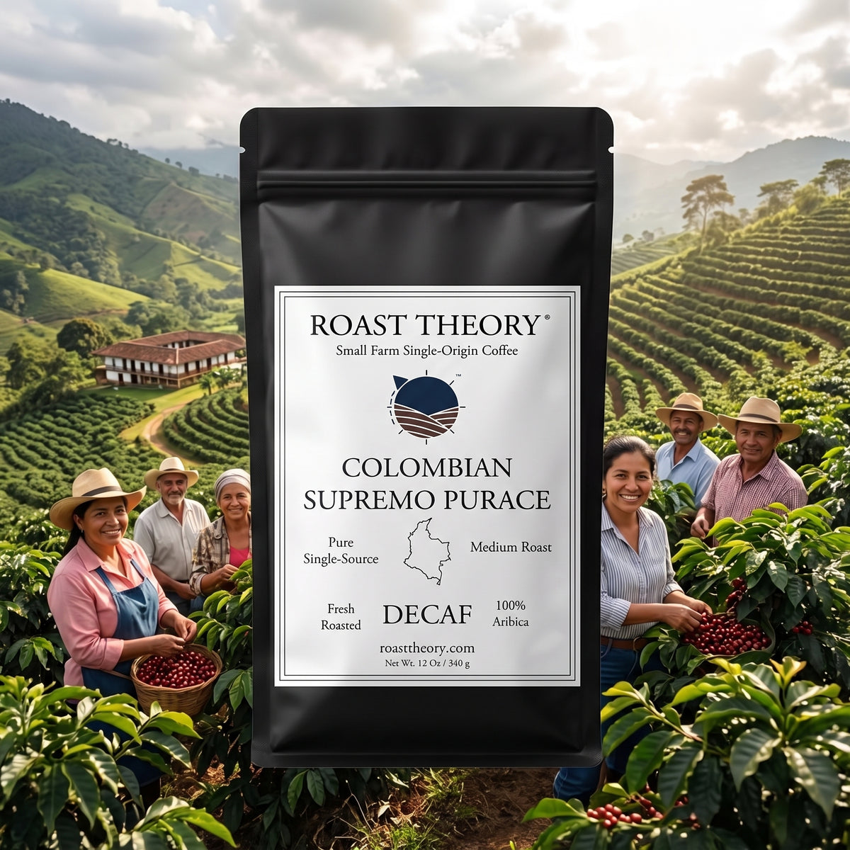 Colombian Supremo Decaf 100% Purace Coffee by Roast Theory. A black stand-up coffee bag labeled 'ROAST THEORY Colombian Supremo Purace' is centered over a scenic coffee plantation background with several people standing among coffee plants and baskets of red coffee cherries.