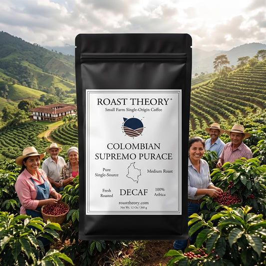 Colombian Supremo Decaf 100% Purace Coffee by Roast Theory. A black stand-up coffee bag labeled 'ROAST THEORY Colombian Supremo Purace' is centered over a scenic coffee plantation background with several people standing among coffee plants and baskets of red coffee cherries.