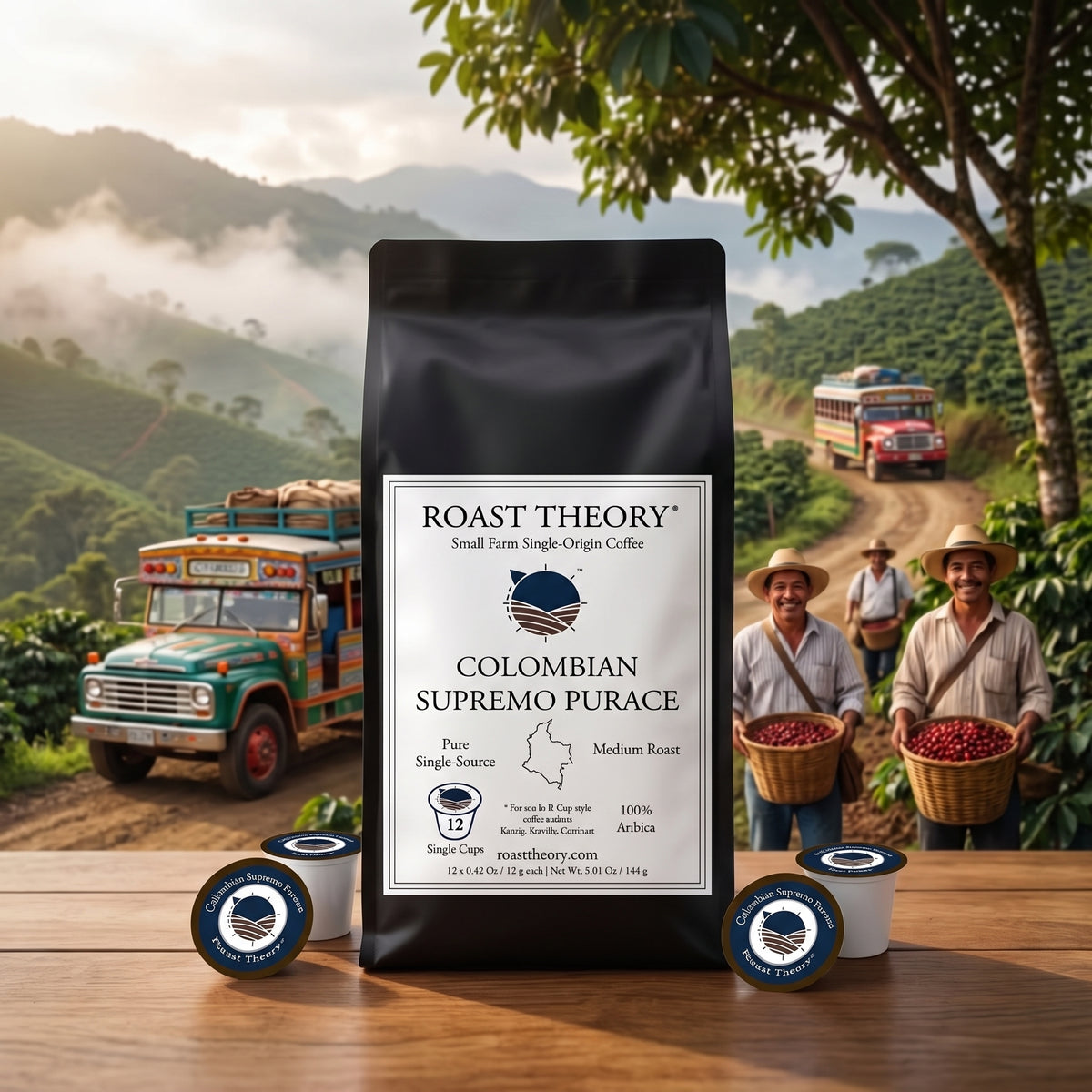Colombian Supremo 100% Purace Coffee Pods Single-serve by Roast Theory. A black bag of Roast Theory Colombian Supremo Purace coffee stands on a wooden table, surrounded by two single-serve coffee pods and two round blue-and-white capsules. The background shows a scenic coffee plantation with workers carrying red coffee cherries, mountains, and vintage trucks.