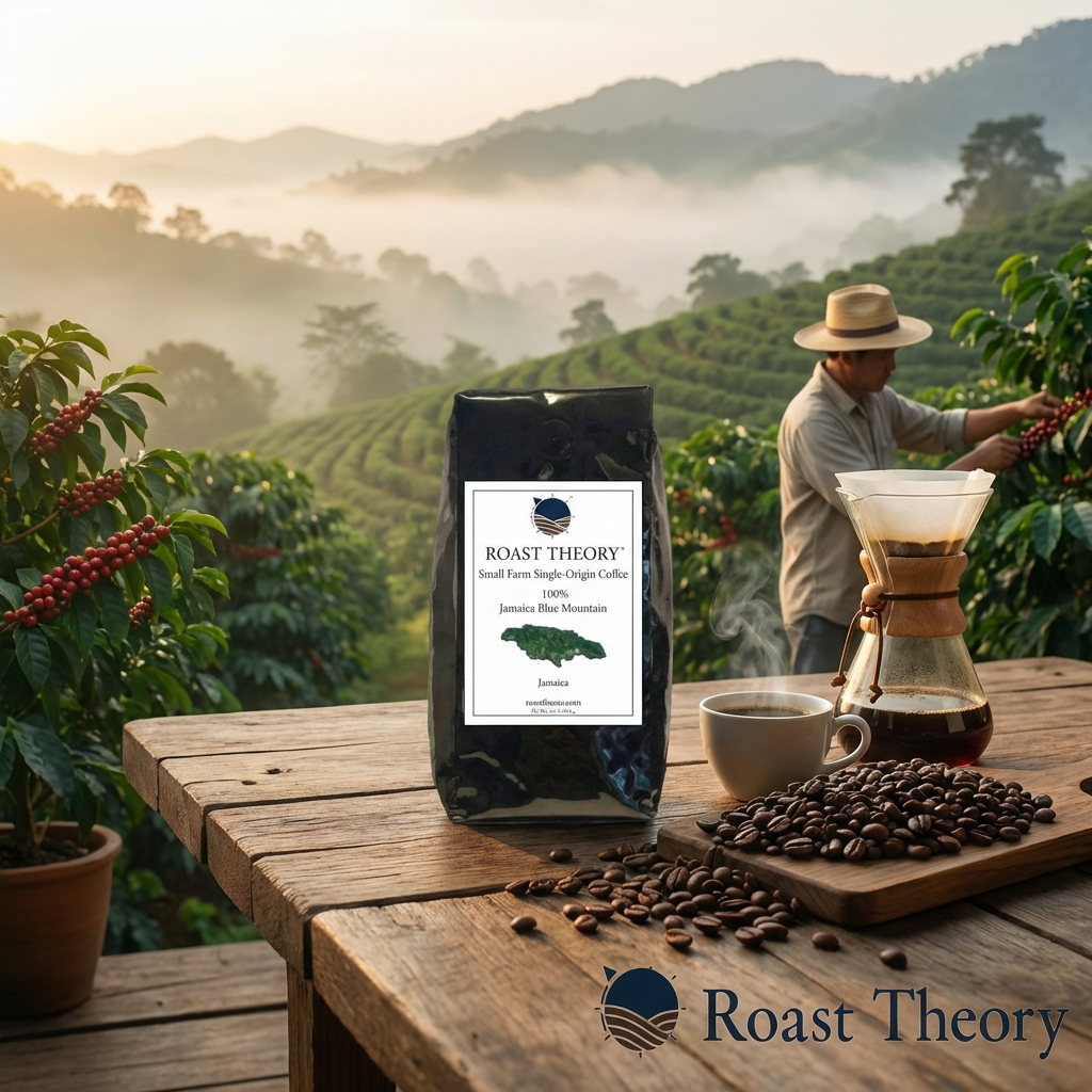 Jamaica Blue Mountain Coffee Beans by Roast Theory coffee on a wooden table with coffee beans and a cup, set against a coffee farm backdrop.