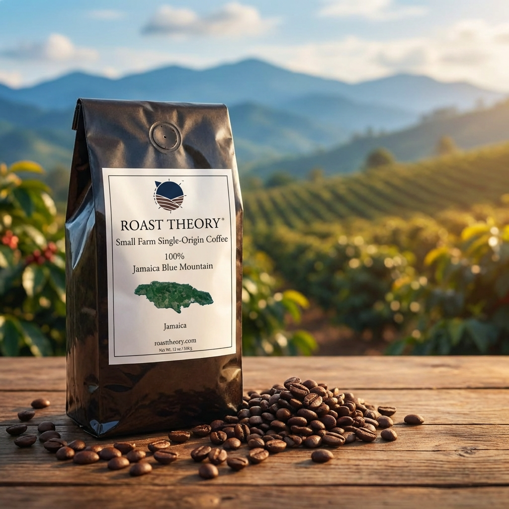 Jamaica Blue Mountain Coffee Beans by Roast Theory coffee with coffee beans on a wooden surface, set against a scenic background of mountains and coffee plants.