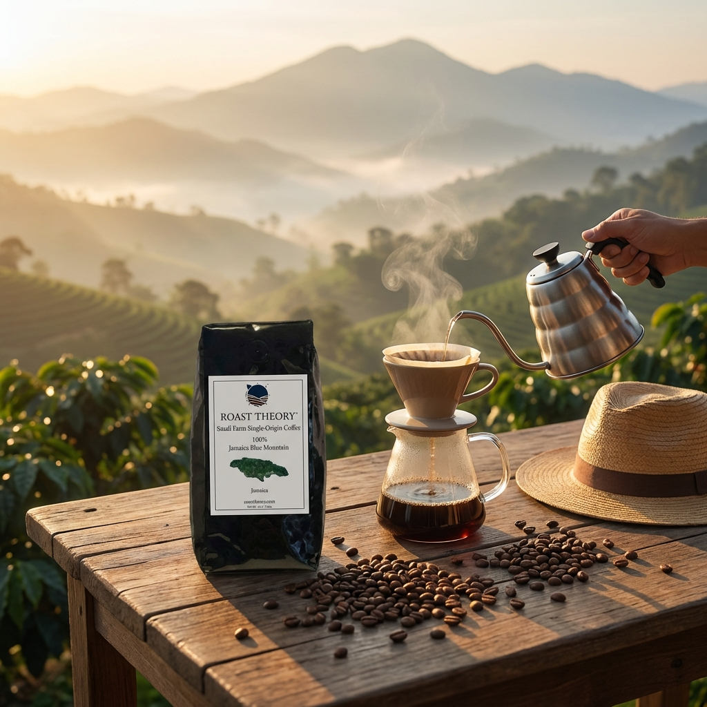 Jamaica Blue Mountain Coffee Beans by Roast Theory with a kettle on a wooden table with a scenic background.