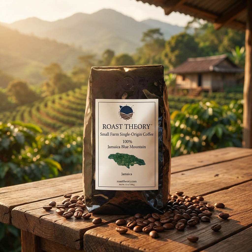 Jamaica Blue Mountain Coffee Beans by Roast Theory coffee with beans on a wooden table in a scenic coffee farm setting.