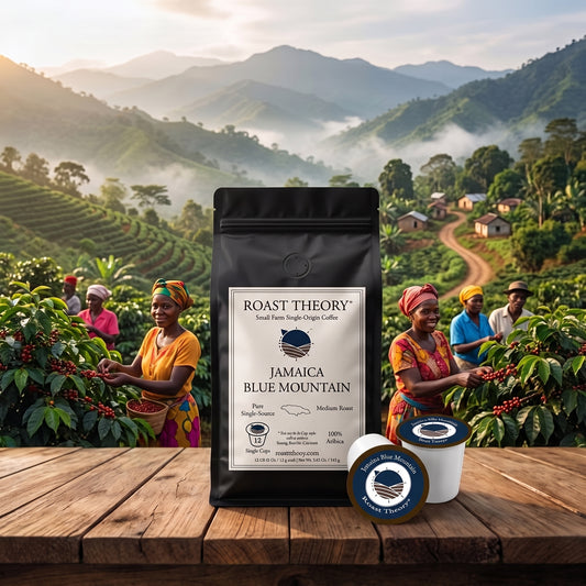 Jamaica Blue Mountain Coffee Pods 100% Pure Single-serve by Roast Theory. A black stand-up coffee bag labeled Roast Theory Jamaica Blue Mountain sits on a wooden table, with two coffee pods in front. Behind it is a scenic backdrop of coffee growers harvesting coffee in green hills and misty mountains.