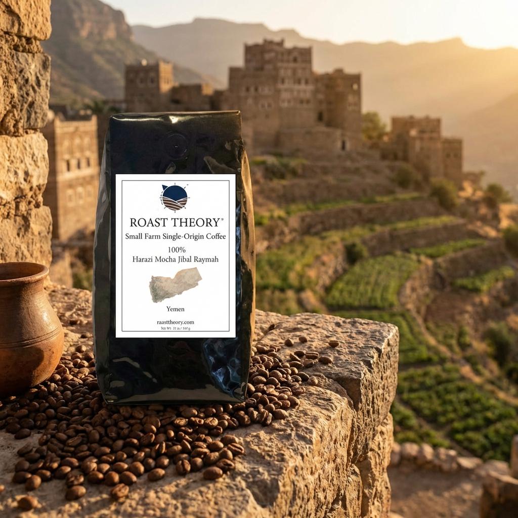 Yemen Harazi Mocha Jibal Raymah Coffee by Roast Theory. A Yemen coffee bag with beans on a stone surface with a Yemen scenic background