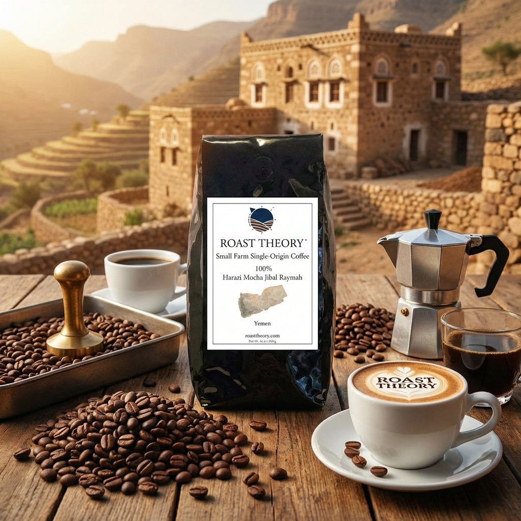 Yemen Harazi Mocha Jibal Raymah Coffee by Roast Theory with coffee beans, cup, and espresso machine on a wooden table with a scenic background.