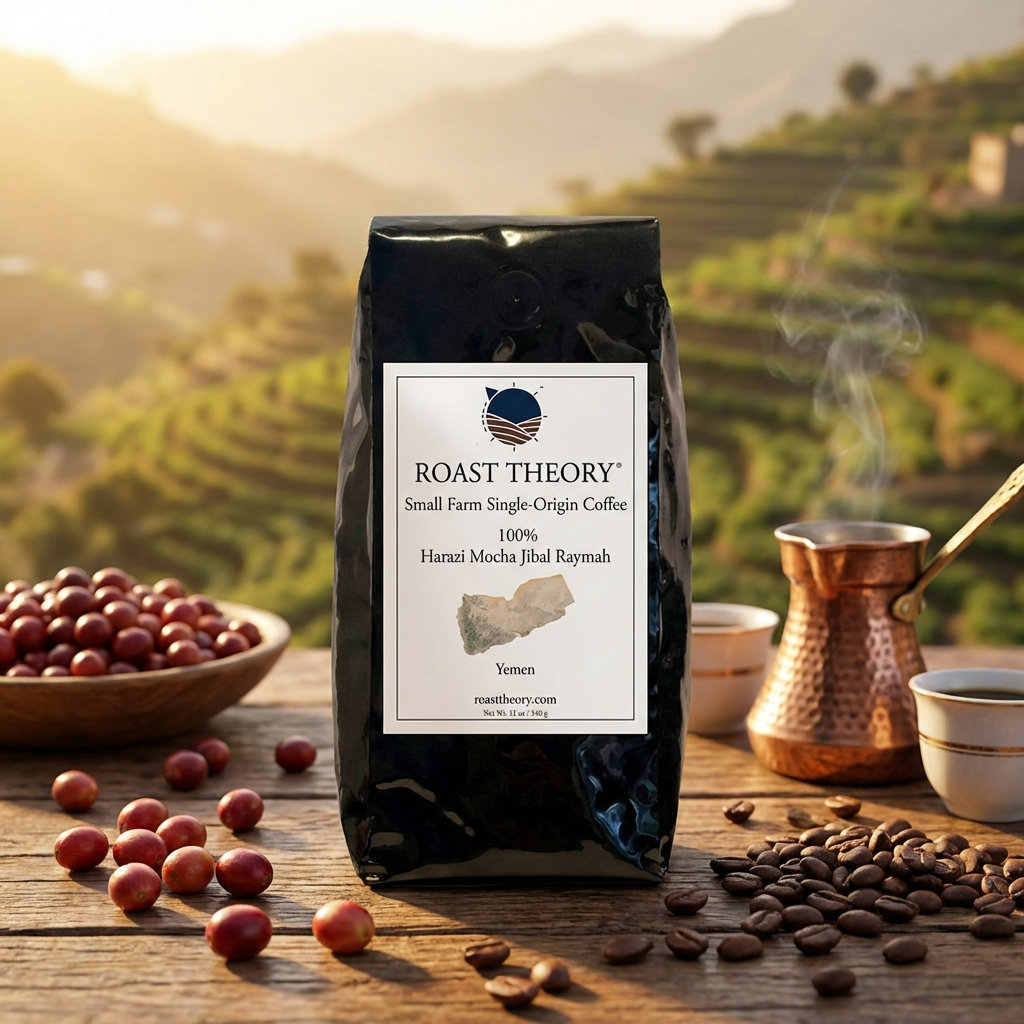 Roast Theory Yemen Harazi Mocha Jibal Raymah Coffee bag with coffee beans and a Yemen terrace coffee farm.