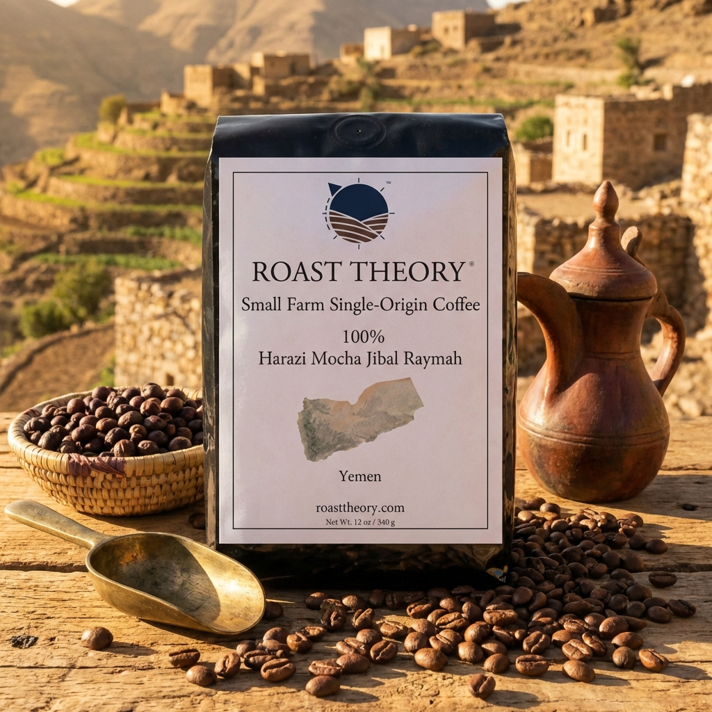Yemen Harazi Mocha Jibal Raymah Coffee by Roast Theory with coffee beans and a wooden pitcher on a rustic background