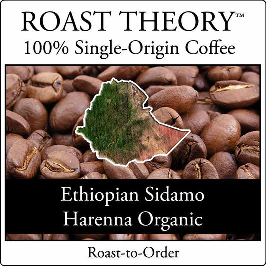 You'll love Ethiopian Sidamo Harenna Organic 100% Single Origin Coffee ROAST THEORY available in light roast, medium roast and dark roast as whole bean or fresh ground.